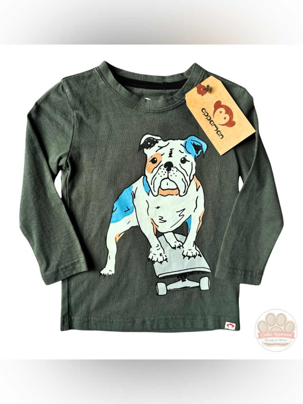 Appaman -Kids Green Long Sleeve Tee with Bulldog Skateboard Graphic